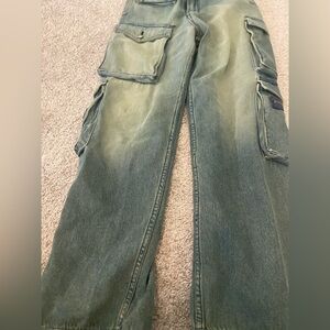 EB Denim wide-leg denim cargo pants in forest